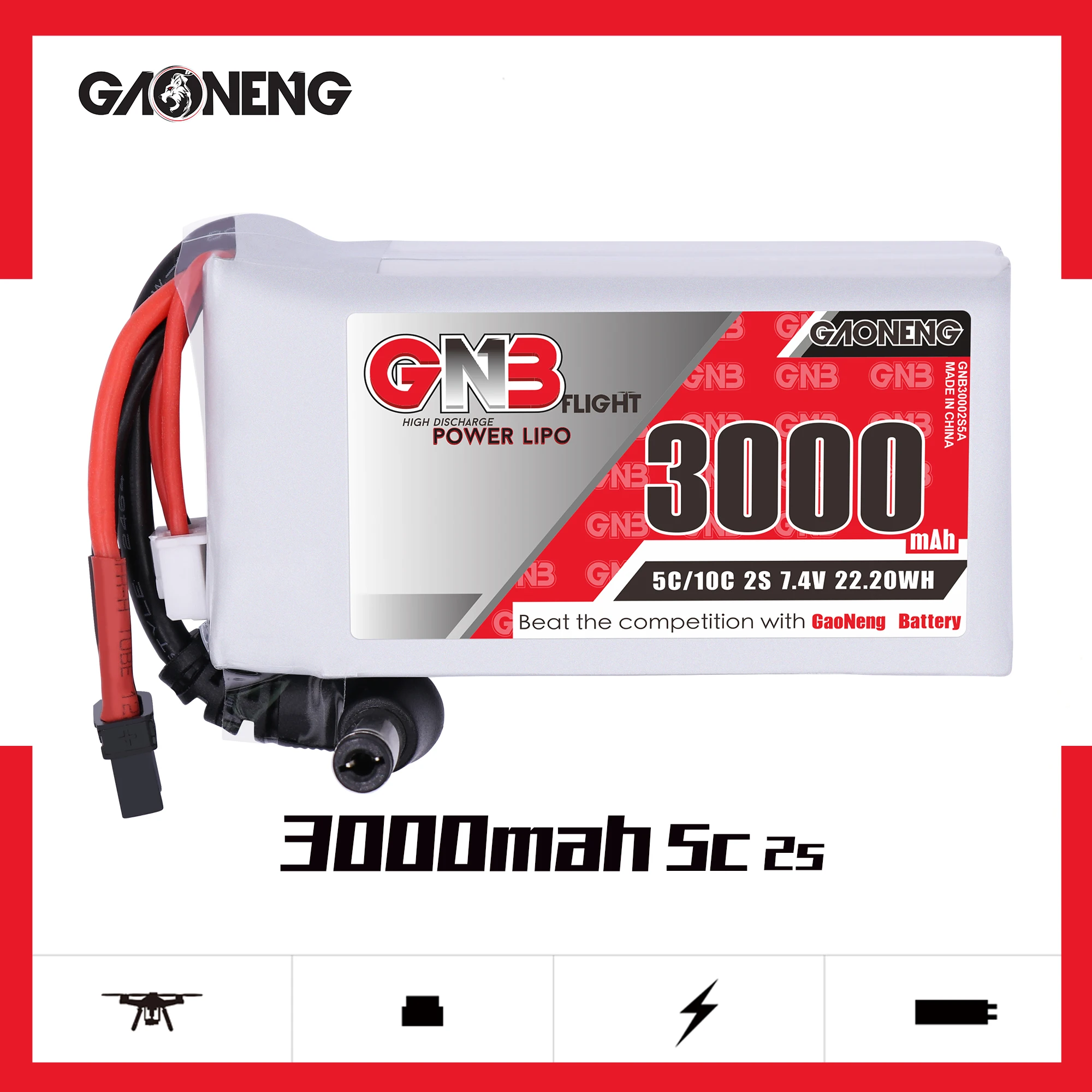 

GAONENG GNB 3000mAh 2S1P 7.4V 5C/10C Lipo battery with XT30 or XT60 and DC5.5 Plug for DJI FPV FLY MORE COMBO GOGGLES RC parts