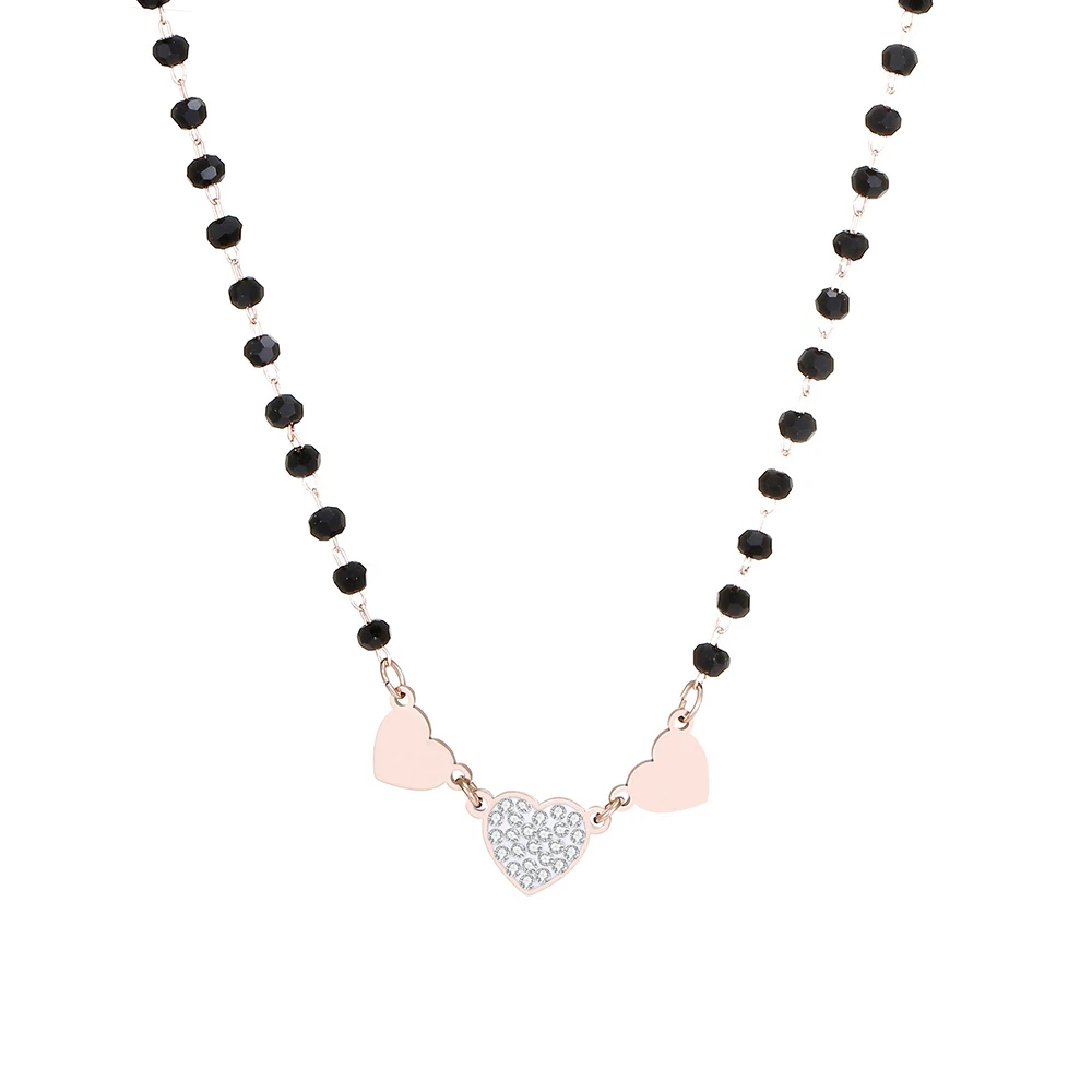 

2020 Crystal Heart Necklace Bohemia Black Beads Chain Stainless Steel Three Hearts Chokers Necklaces Women Jewelry Wedding Gifts
