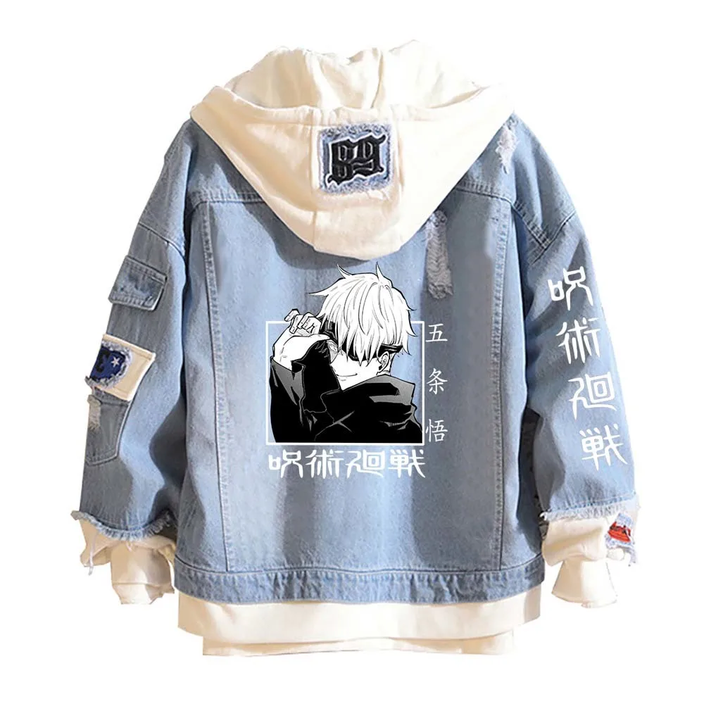 

Gojo Satoru Denim Jackets Cosplay Jujutsu Kaisen Japanese Anime Unisex Oversized Blue Cowboy Coat Hoodies Hooded Sweatshirts