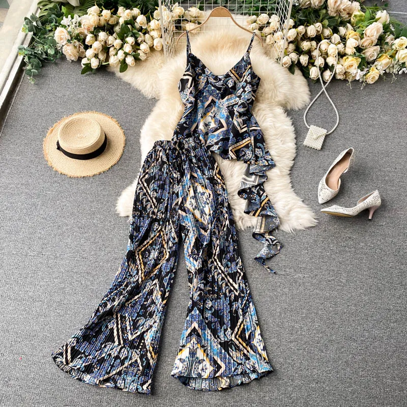 

ins design feeling hot style suit two-piece web celebrity all falbala condole top + pressure plait wide-legged pants