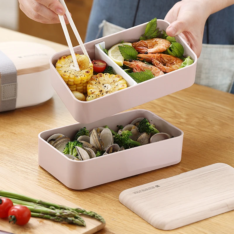 

Bento Box Microwave Wooden Style Lunch Box 2-Layer Bento Box Portable Food Storage Container Box Household Picnic Accessories