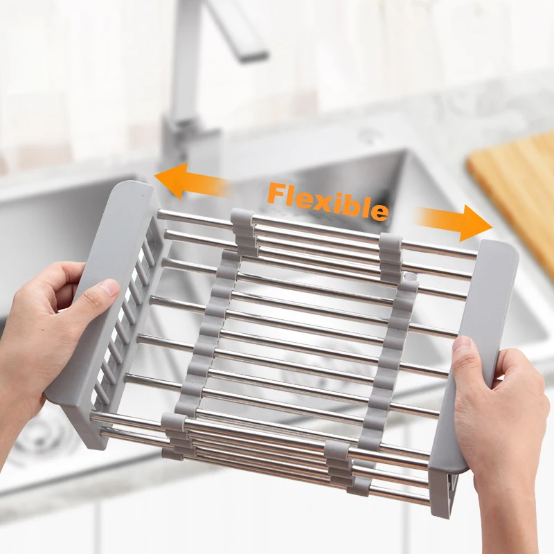 

Adjustable Dish Drying Rack Telescopic Drain Basket with Retractable Armrest Kitchen Rack Basket Over The Sink Dish Drying Shelf