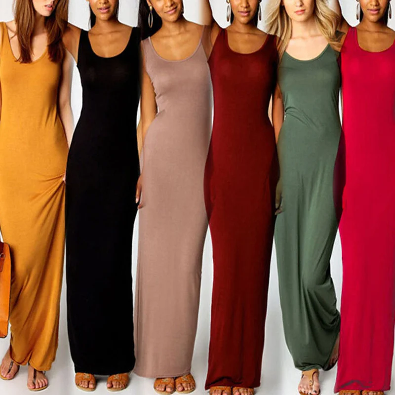 

Sexy Summer Long Maxi Dress Fashion Women Solid Sleeveless O Neck Tank Dress Stretch Sukienka Ladies Plus Size Basic Dress Cute