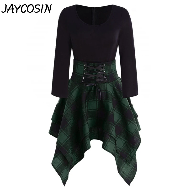 Платье JAYCOSIN женское с длинным рукавом повседневное асимметричное клетчатое