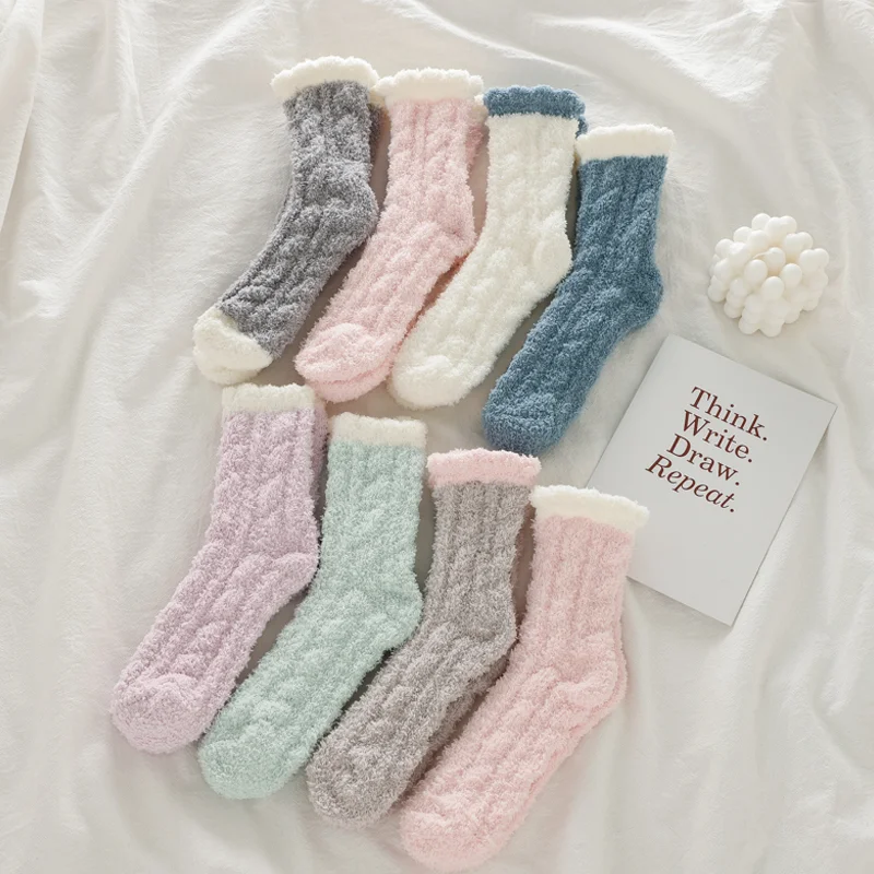 2 Pairs Winter Women Socks Cozy Cashmere Warm Sleep Socks Floor Home Fluffy Girl Socks Coral Velvet Feet Fall Warmer Christmas