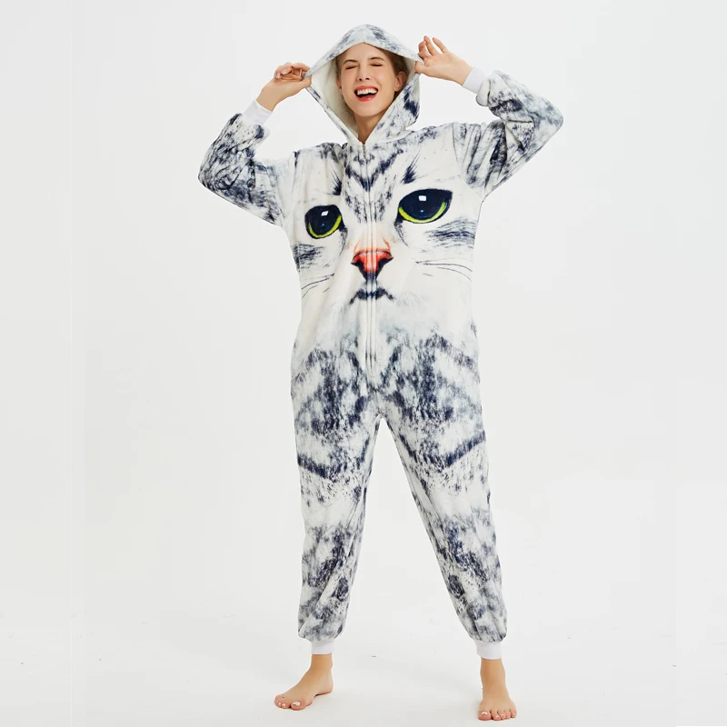 cat Кигуруми взрослых животных единорог пижамы набор Косплей панда для женщин мужчин зима унисекс фланель Ститч комбинезоны с капюшоном пижамы - Цвет: cat