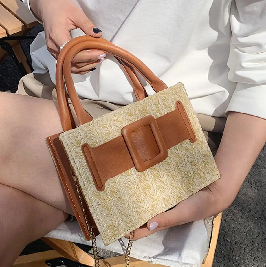

Weave Square Tote bag 2021 Summer New High-quality Straw Women's Designer Handbag Contrast color Shoulder Messenger Bag Purses