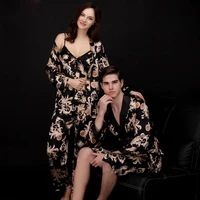 couple silk pajamas men bathrobe women sexy v neck sling tops robe trousers three piece suit nightgown casual home clothing