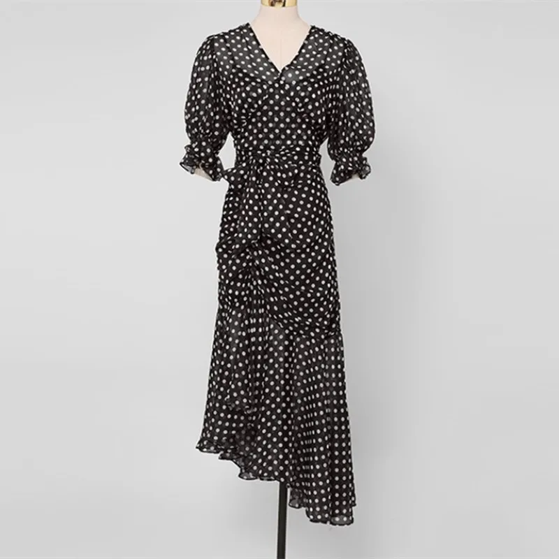 

Женское шифоновое платье в горошек, Повседневное платье составного кроя с принтом и тонким рукавом-фонариком и V-образным вырезом, Новинка л...