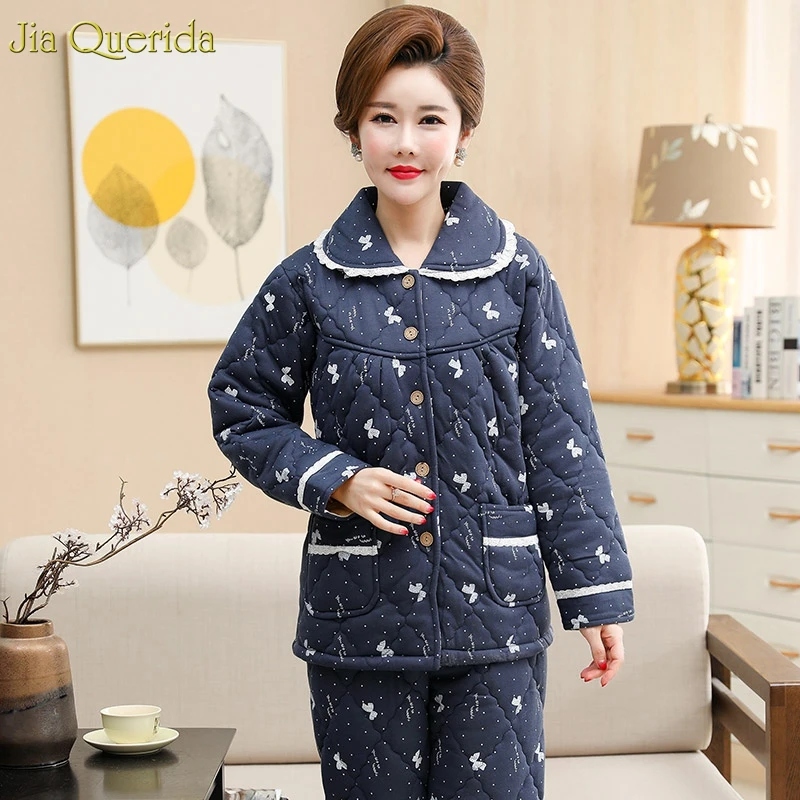 Butterfly Printing Pajamas Women Winter Home Lingerie Pyjamas Thick 3 Layer Padded Cardigan Jacket Plus Size Women's Two Pieces | Женская