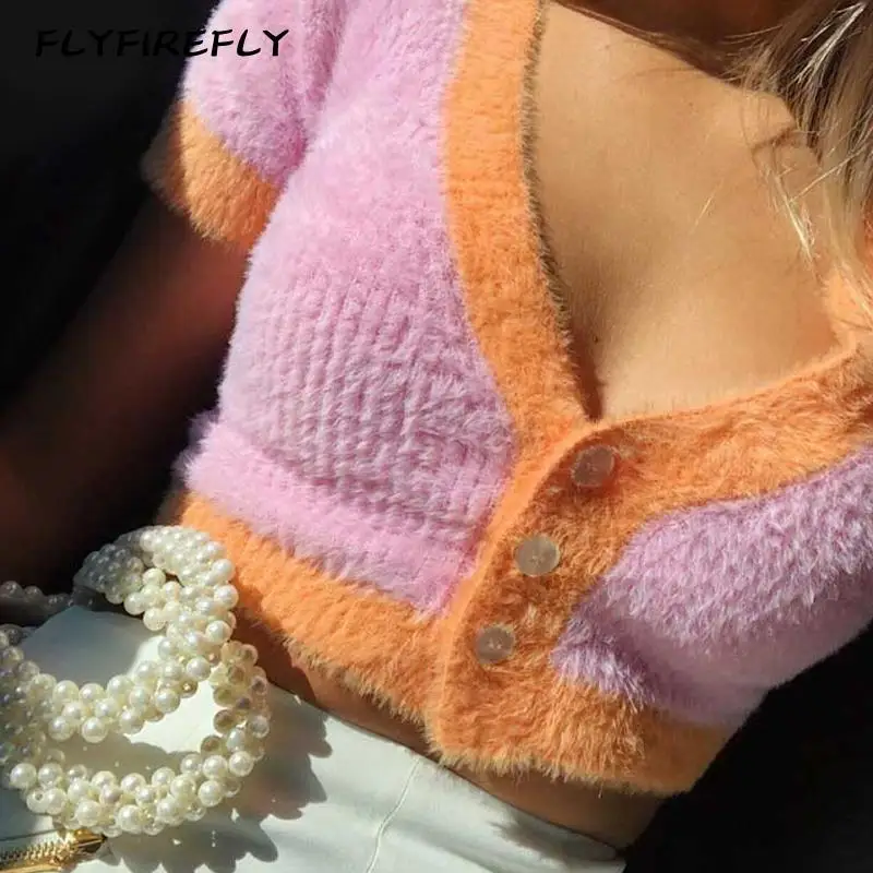 Pink cropped cardigan women knitted sweaters elegant korean crop sweater long sleeve autumn vintage tops short mohair |
