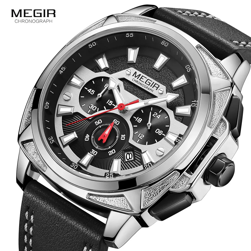Часы MEGIR Мужские кварцевые с кожаным ремешком люксовые Брендовые спортивные в