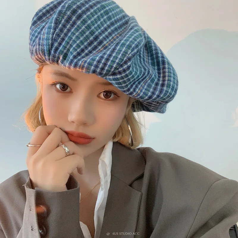 

Fashion Ins Plaid Beret Women Retro Plaid Cloud Hat Autumn Octagonal Hat Big Head Circumference Painter Hat