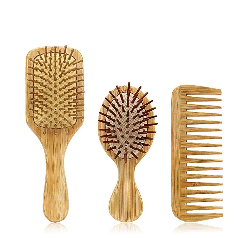 

X7JA 3Pcs Bamboo Hair Brush Combs Set for Women Men Kids Wet Dry Long Short Hairs Smoothing Massaging Salon Home Use