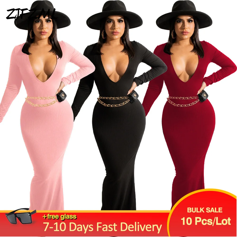 

Wholesale Bulk Items Lots Autumn Winter Solid Women Fitness Floor Length Dresses Elegant Cleavage Long Sleeve Package Hip Dress