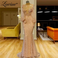 lowime blush pink long evening dresses beaded customized long sleeves party gowns 2021 plus size mermaid arabic prom dresses