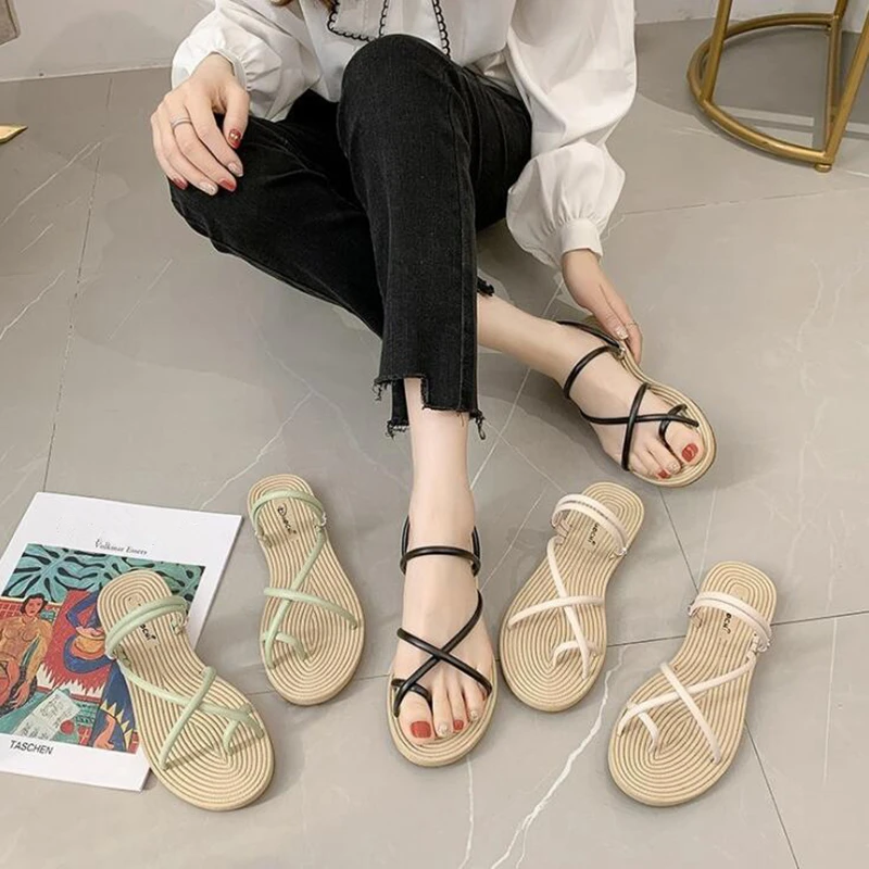 

2021 Summer Casual Sandals Woman Shoes Beach Shoes Crossed Thin Bands Open Toe Ladies Beach Sandals Non-slip Flip flop Sandalias