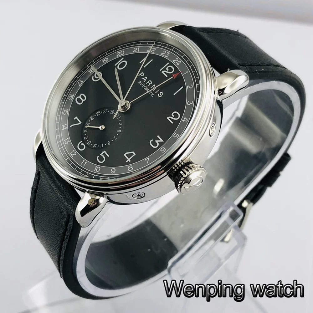 Новинка Parnis 42 мм GMT серебристый циферблат черный Арабская марка Дата Окно кожаный