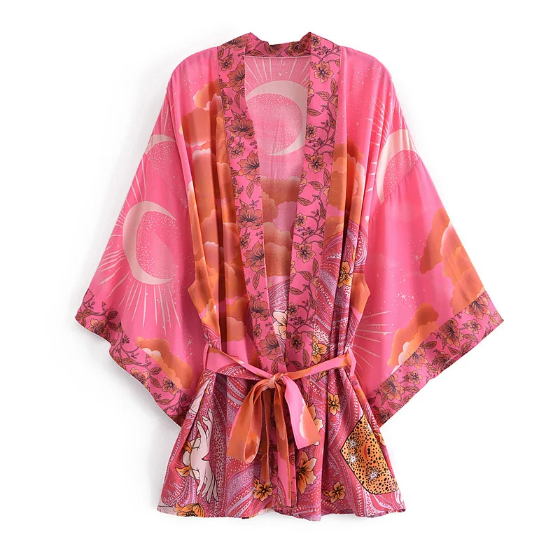 

Boho Robes Moon Print Short Open Stitch Cover Ups Rayon Cotton Kimonos Blusas Bohemian Clothing Women