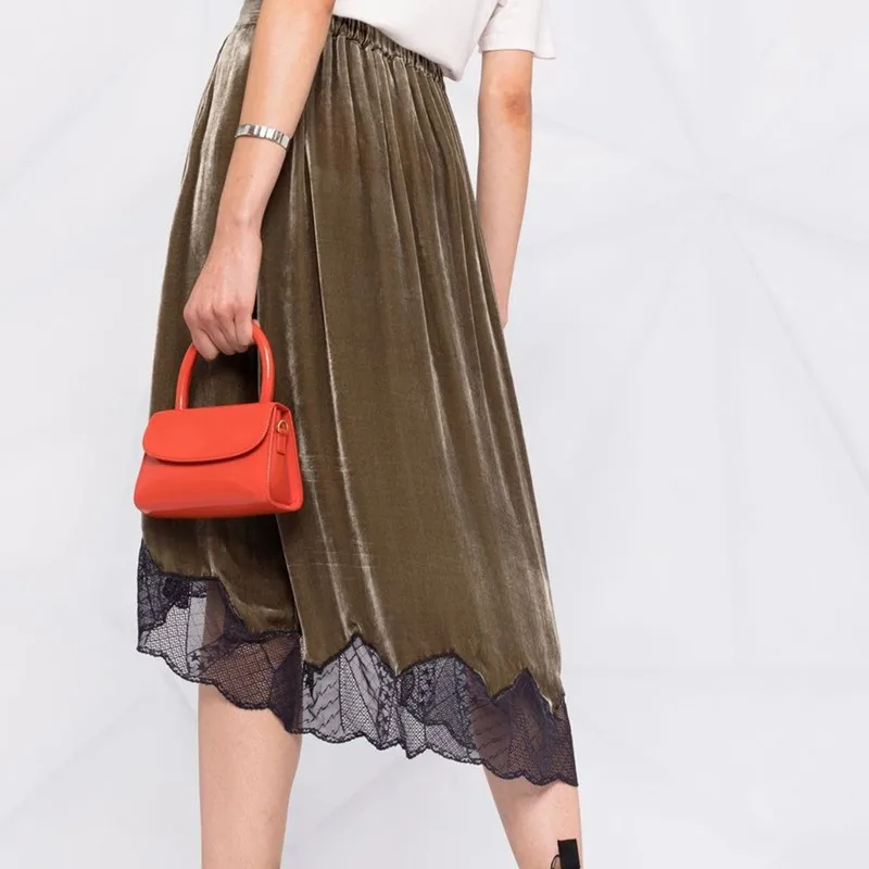 

Женские однотонные Юбки миди с кружевной строчкой, эластичная бархатная длинная юбка с высокой талией и карманами, новинка 2021