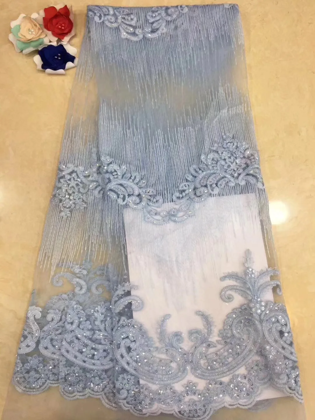 

2021 Nigerian Lace Mesh Fabric Dubai Embroidered French Tulle Lace Latest African Lace Fabric 5 Yards D76