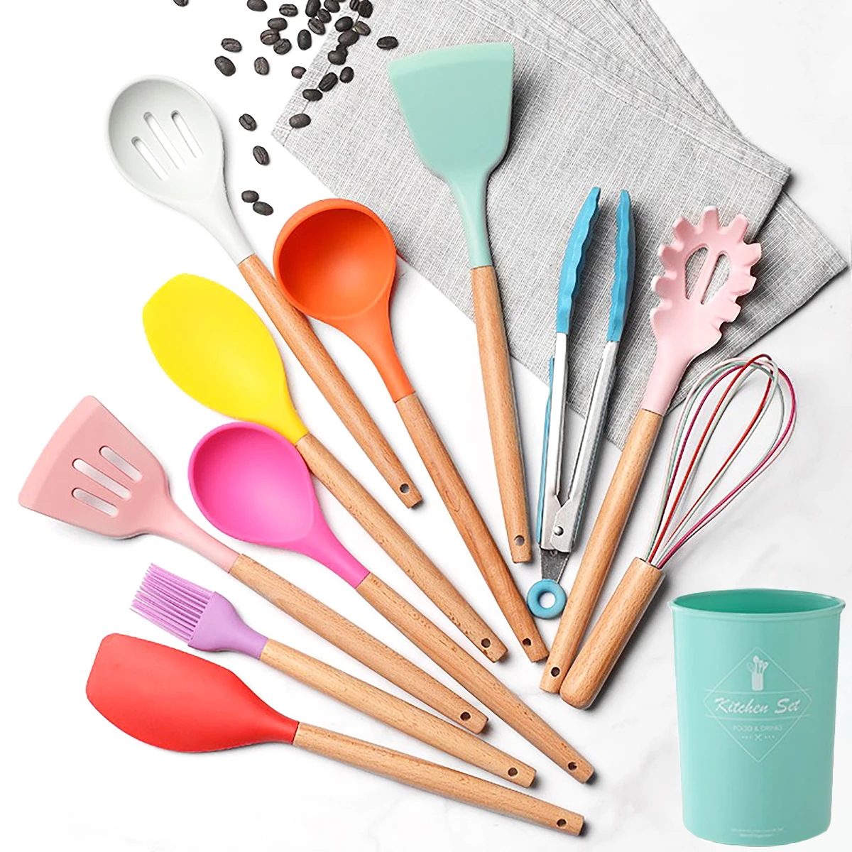 

12Pcs Silicone Kitchenware Cooking Tool Set Non-stick Utensils Set Spatula Shovel Wooden Handle Utensilios Kitchen Accessories