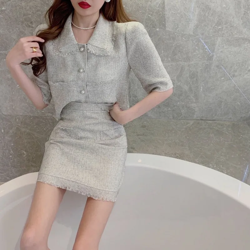 

2021summer Korea Two Piece Set Women Elegant Fashion Tweed Peter Pan Collar Short Sleeve Crop Top + Mini Skirt Suit