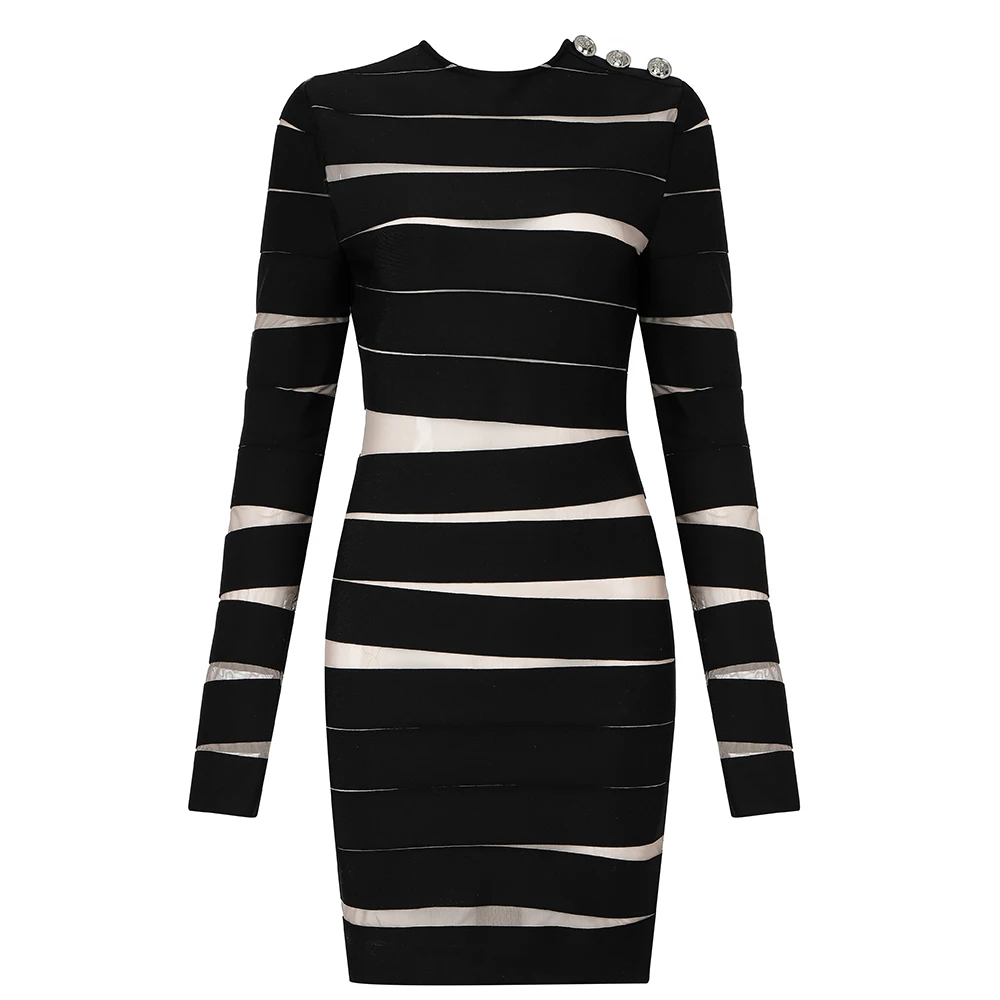 

KLEEZY 2020 New Autumn Black Lace Bandage Dress Women Sexy Long Sleeve Hollow Out Club Mini Celebrity Evening Runway Party Dress