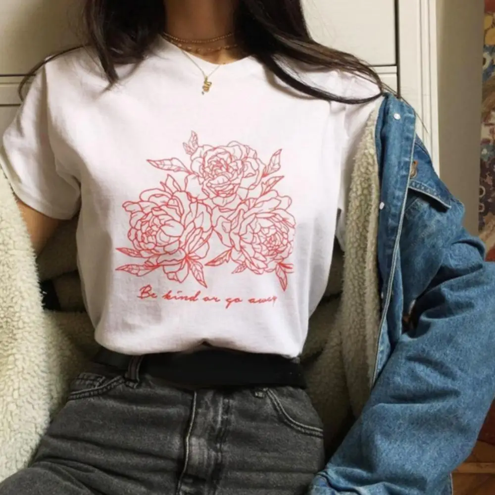 

Be Kind Or Go Away Rose Print Aesthetic T-Shirt Women Summer Short Sleeve Top