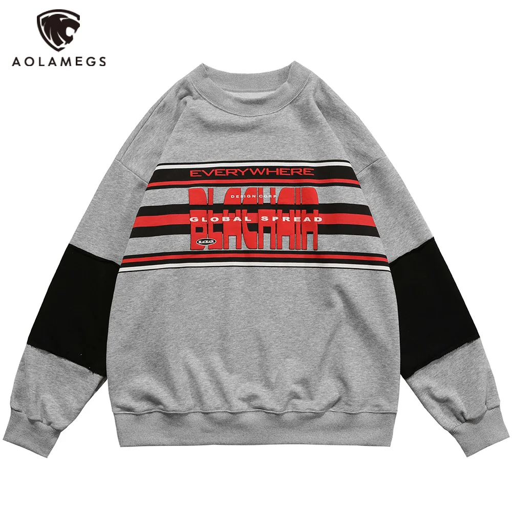 

Aolamegs/мужская толстовка с буквенным принтом в полоску, пуловер с длинными рукавами, весенние топы с круглым вырезом, Повседневные высокие ху...