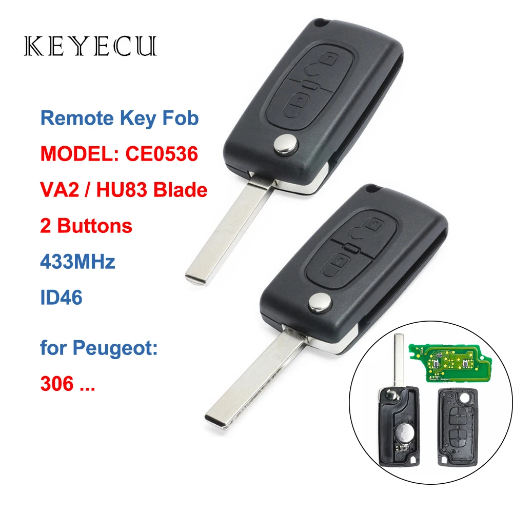 

Keyecu CE0536 флип дистанционный ключ-брелок от машины 2 кнопки 433 МГц ID46 чип для Citroen 306 - HU83 / VA2 лезвие