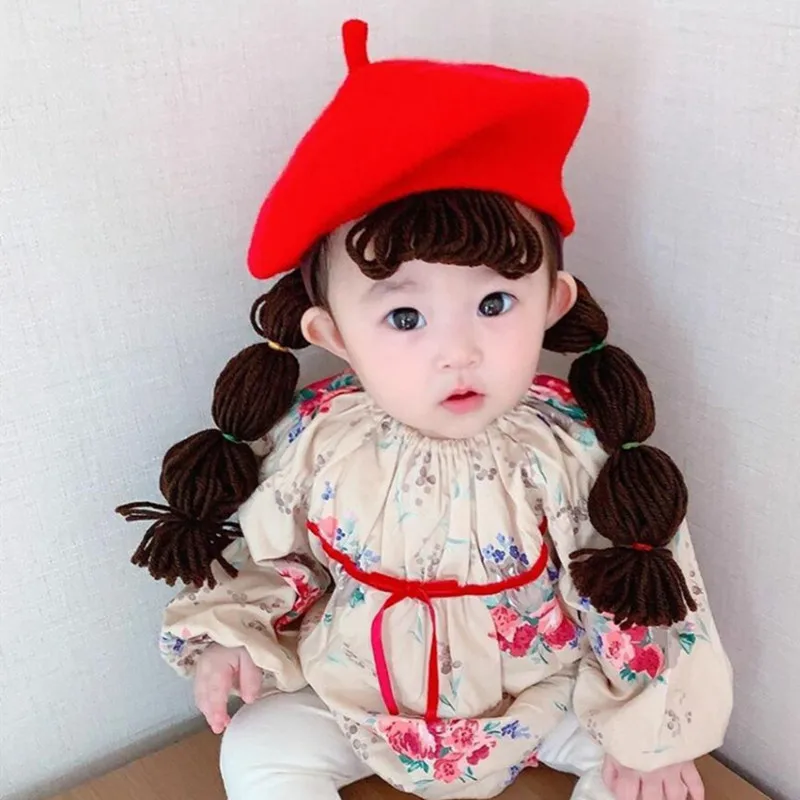 Winter Warm Children Baby Girl Beret Hat Red Woolen Hair Pigtail Braid Wig Cap Fashion Cute Toddler Kids Hats Handband 2pcs Set