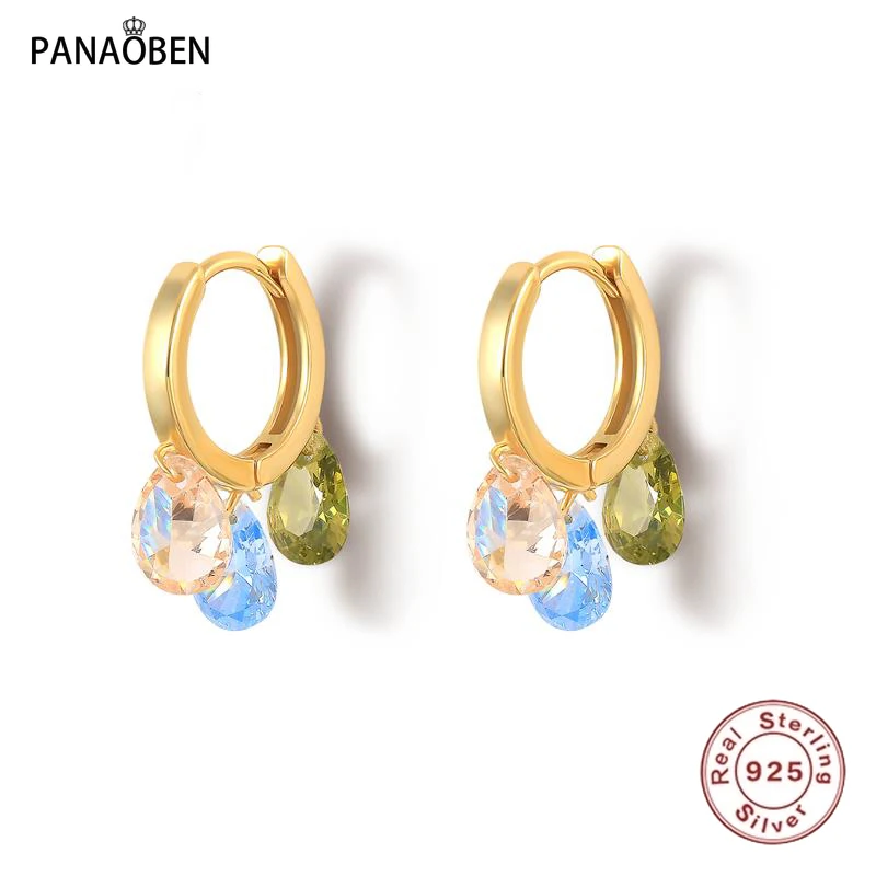 

PANAOBEN Colorful Zircon 925 Sterling Silver Earrings for Women Hoop Piercing Round Charming Romantic Cute Jewelry Pendientes