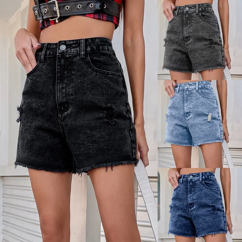 

Модные женские рваные джинсы, Новинка весна-лето 2021, свободные узкие прямые шорты с завышенной талией, тонкими карманами, пуговицами и необр...