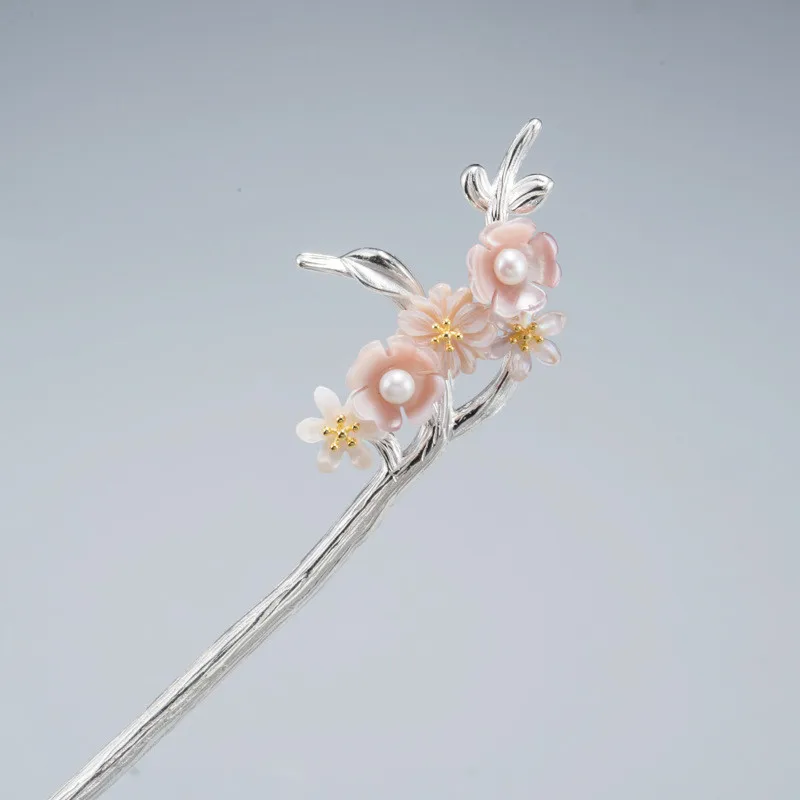 Палочка для волос из стерлингового серебра 925 пробы жемчужно-розовая ракушка