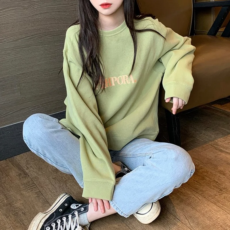 

Sweatshirts Women Leisure Elegant Trendy Comfortable Korean Style All-match Simple Streetwear O-Neck Pullover Letter Clothing