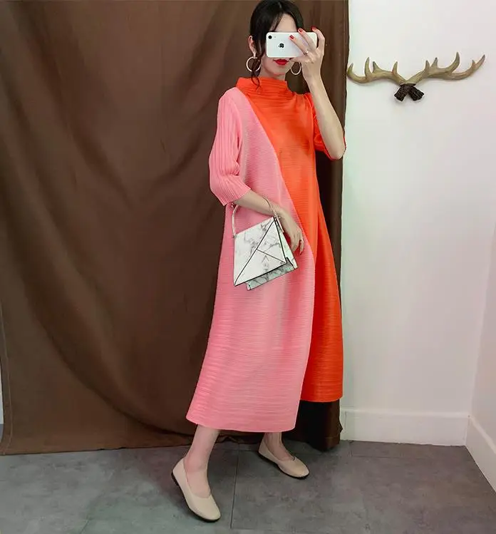 Miyake плиссированное платье длинный отрезок Тонкий свободный большой размер плиссированные рукав семь точек воротник со сборками