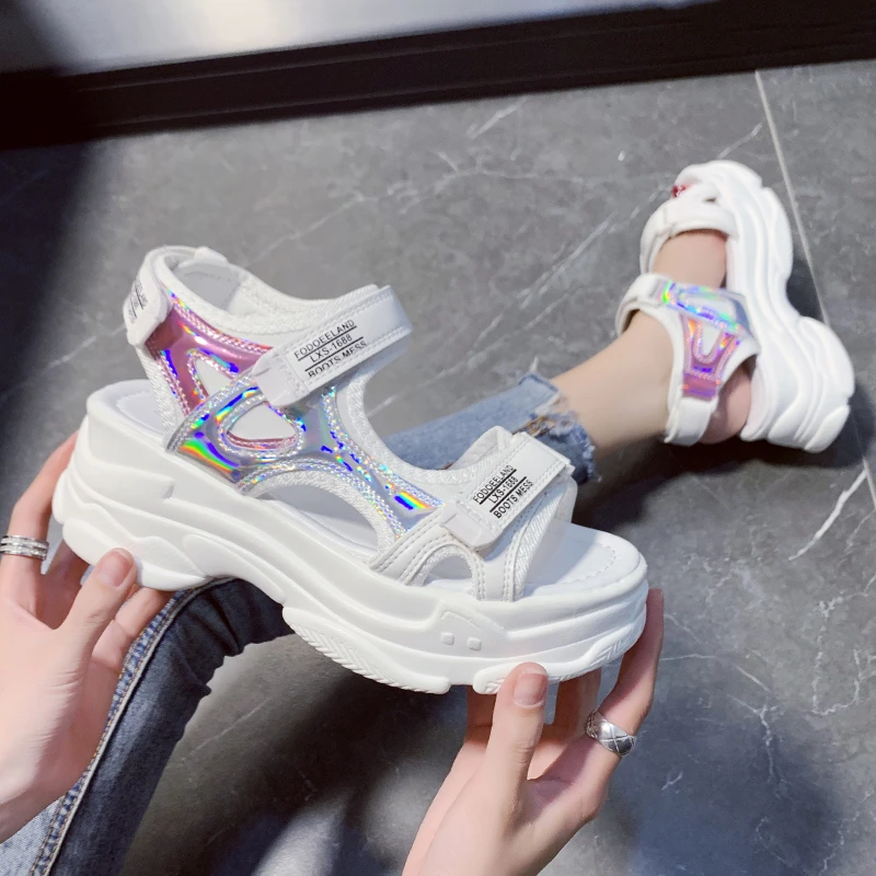 

Rimocy Fashion Laser Sport Sandals Women 2021 White Velcro Wedges Heels Platform Shoes Woman Outdoor Beach Summer Shoes Ladies