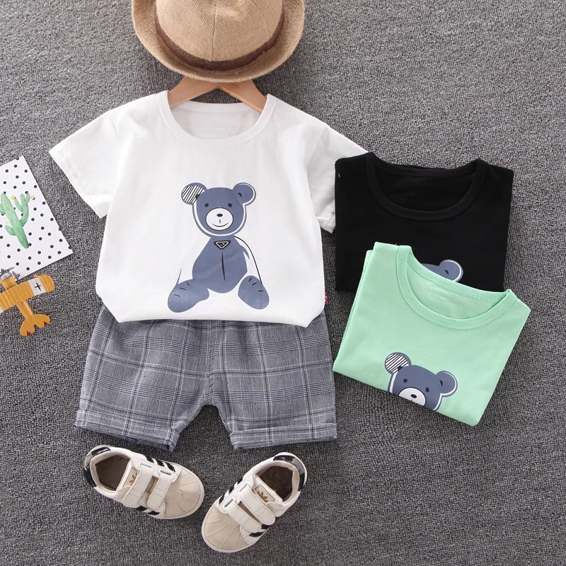 

New summer boy and girl western style bear short sleeve suit children's casual check shorts two-piece suit