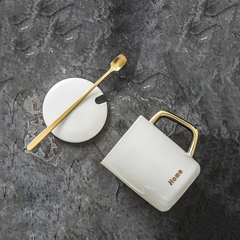 Nordic breakfast cup simple coffee with lid spoon couple mug gold handle ceramic logo | Mugs