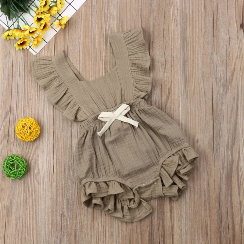 

Summer Newborn Baby Girls Flare Sleeve Backless Jumpsuit Solid Pattern Cotton One-Piece Romper with Bowknot