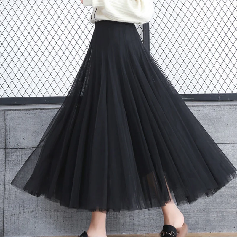 Tulle Skirts Womens Midi Pleated Skirt Black Pink Elastic High Waist Korean 2019 New Spring Summer Vintage Mesh Tutu | Женская одежда