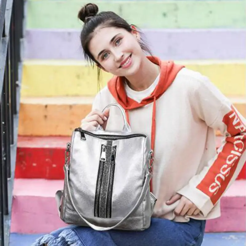 

Backpacks For Women Silver New Zipper Lady Backpack Travel Small Backpacks PU Leather Waterproof Women Bag Luxury Shoulder Bag