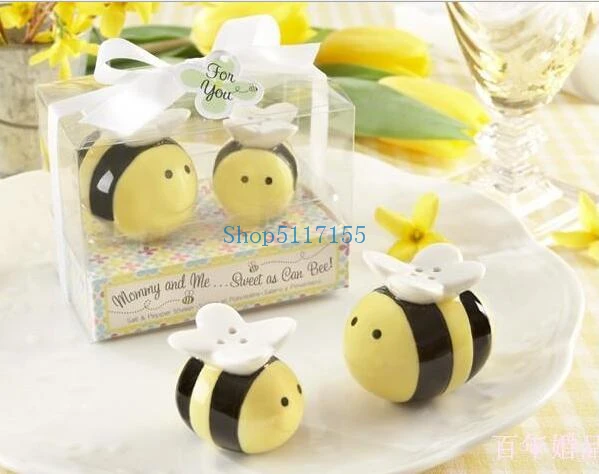 

50set =100 pcs Mommy and Me Sweet as Can Bee Ceramic Honeybee Salt & Pepper Shakers baby shower favors and gifts Free shipping
