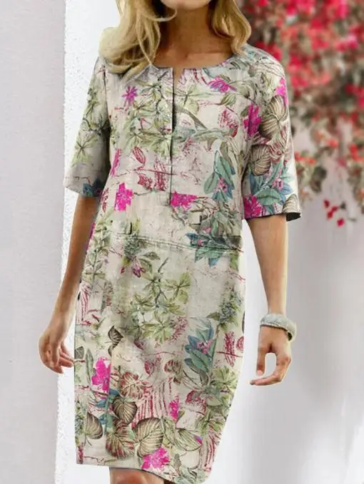 

Floral print split round neck half sleeve vintage dress