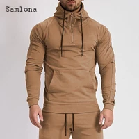 samlona 2021 stand pockets sweatshirt plus size mens casual zipper shirts clothing solid khaki gray hooded tops homme pullovers
