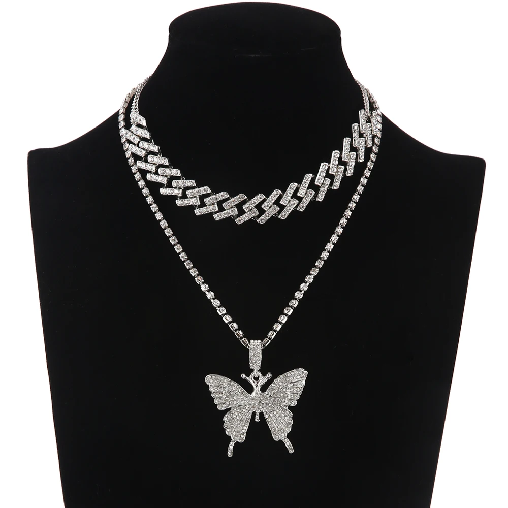 

Glam Butterfly Necklace Set Cuban Link Chain Rhinestone Choker Necklace for Women Bling Statement Jewelry