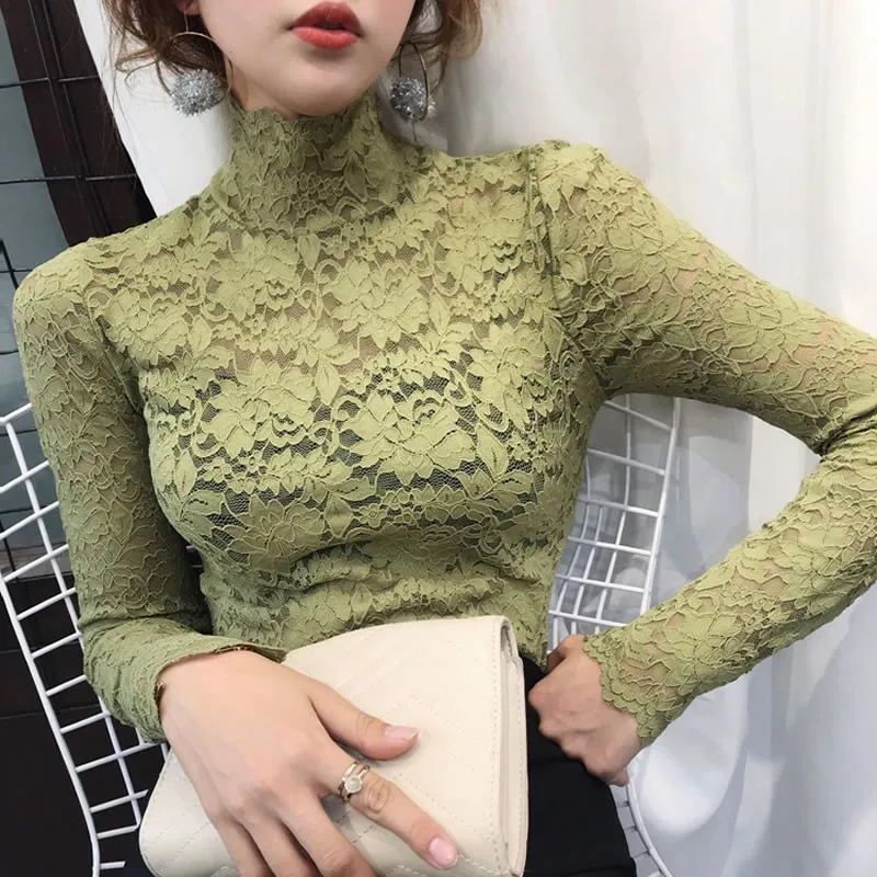 

Sexy Lace Hollow Out High Collar Long Sleeve Tops Women T-Shirts Korean Casual Solid Color T-Shirts Black White