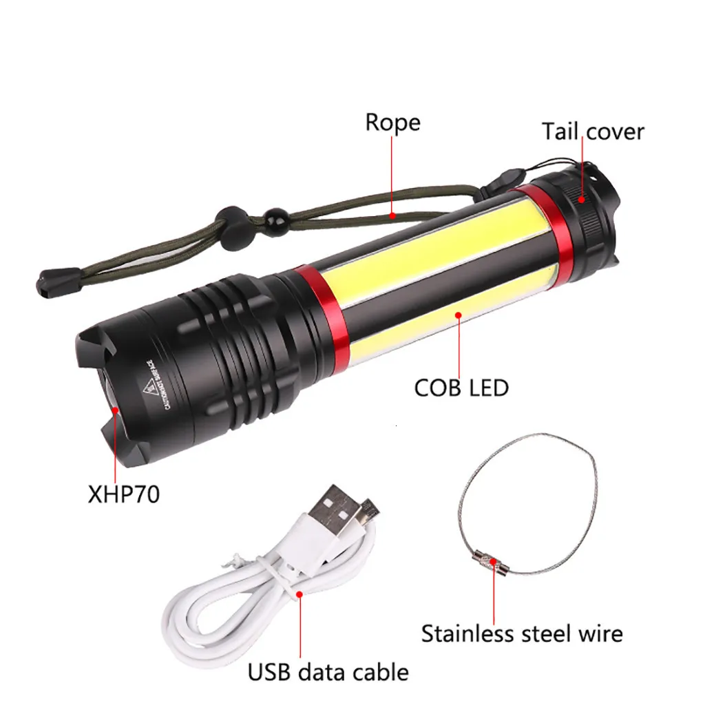 Светодиодный фонарик масштабируемый светодиодный Фонарь HP70 + COB USB