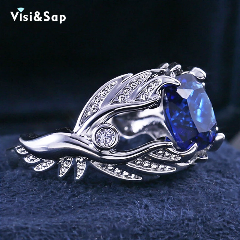 Visisap Creative Angel Wings Ring 10mm Blue Zircon Rings for Women Anniversary Birthday Gifts Seller Recommended Jewelry B2956 | Украшения